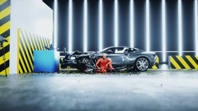 Robot crash test dummy sitting near destroyed car crash test. Future concept. Realistic 4k animation.
