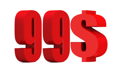 99 dollar word on white background. 3d illustration