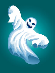 Flying ghost in the night sky. Cartoon flying ghost on a green-blue background. Mystical character for the holiday Halloween