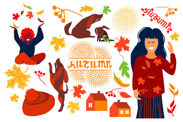 Autumn Set. Happy girl throws up the leaves. Fall. Dog, home, leaves, hat, sun, cloud, plant, maple, oak, rowan on white background. Vector illustration.