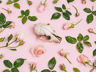 Animal skull with a romantic rose arrangement on pastel pink background. Scary romantic art composition. Creative Halloween or Day of the Dead concept. Witch ritual aesthetic. Flat lay, top view.