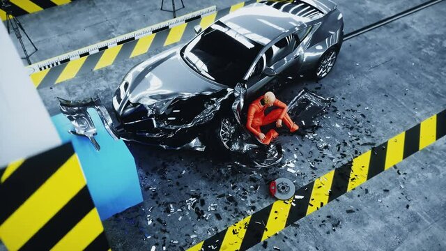 Robot crash test dummy sitting near destroyed car crash test. Future concept. Realistic 4k animation.