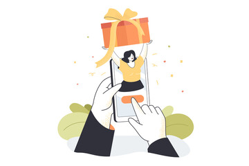 Hands pressing button on phone to send or receive online gift. Smiling woman in mobile app on screen holding gift box flat vector illustration. Technology, delivery service concept for banner