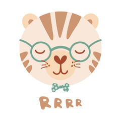 Cute poster with face wild tiger gentleman in flat style for kids. Lettering Rrrr. Illustration with animal in pastel colors. Print for children clothing and textiles. Vector