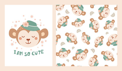 Set cute poster and seamless pattern with monkey in a hat with flowers and poster with lettering I am so cute. Collection with animal for children clothing, textiles, wallpapers. Vector Illustration