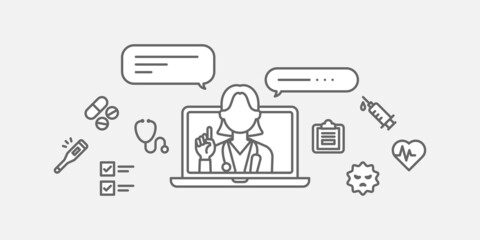 ノートパソコンのビデオ通話でオンライン診療をする女性医師