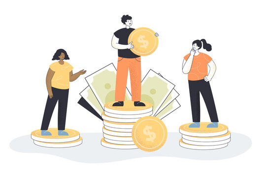 Cartoon man standing on higher stack of coins than women. Salary gap between male and female characters flat vector illustration. Finances, gender inequality concept for banner or landing web page