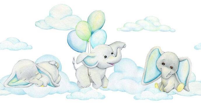 Elephants, balloons, clouds. Watercolor seamless pattern in cartoon style, on an isolated background. © Natalia