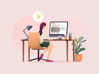 Woman comes up with ideas while sitting at work. Flat design Illustration about a sitting at work.