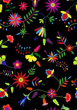 Otomi style seamless pattern. Colorful mexican embroidery floral background. 