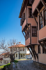 Fototapeta na wymiar Architecture view of old Plovdiv district, Bulgaria, winter clear blue sky sunny day