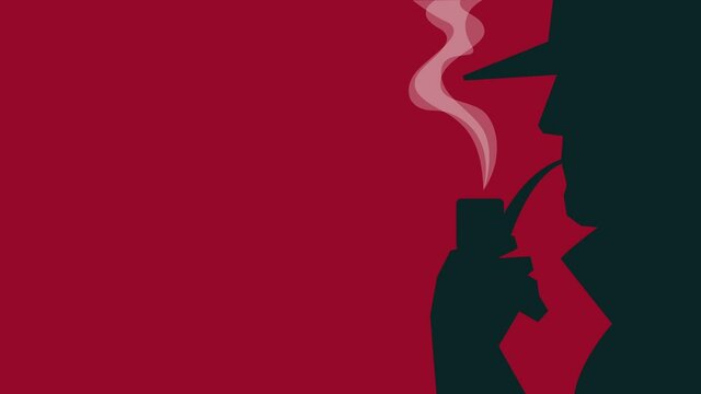 Silhouette of a man wearing hat and coat smoking pipe.