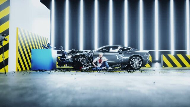 Human crash test dummy sitting near destroyed car crash test. Future concept. Realistic 4k animation.