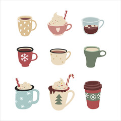 Vector handdrawn illustration winter christmas drinks set. Cute color Mugs with coffee, hot cocoa, chocolate milk, tea and cream. Isolated on white background