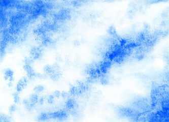 Blue watercolor background. Brush stroke on paper texture. Blue smear of paint for the background. Real watercolor brush for wedding design. Pale blue watercolor blurred on white. Watercolor sky.
