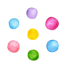 Colorful watercolour round paint spots set, uneven dots illustration, design elements, text background. Bright rainbow colors. Watercolor circle shape stains, smears, strokes. Brush drawn dot pattern.