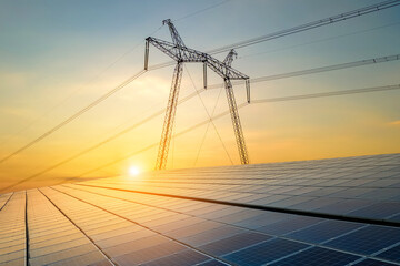 High voltage pylons with electric power lines transfering electricity from solar photovoltaic sells...