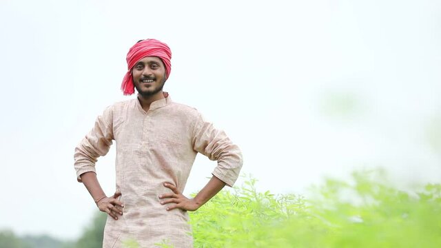 Young indian farmer at green agriculture field.