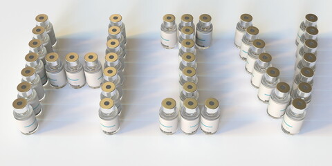 Glass vials compose HIV text on white background, conceptual 3D rendering