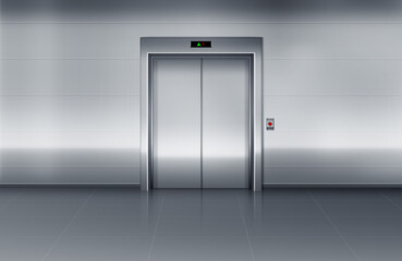 Vector realistic elevator with  closed doors. Steel lift in modern interior.