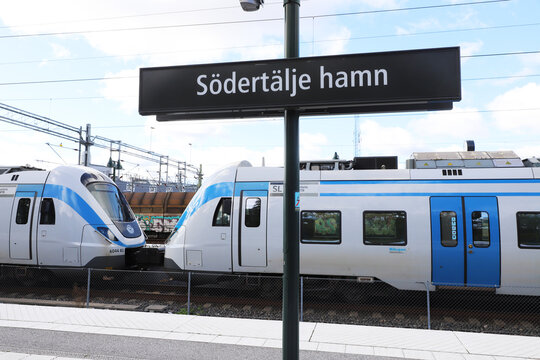 Sodertalje, Sweden - September 3, 2021: A class X60 electric multple unit commuter train in service for SL at Sodertalje hamn railroad station.