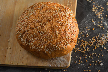 Freshly baked bread on a wooden board