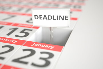 DEADLINE plate on January 16 in a calendar, 3d rendering