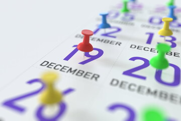 December 19 date and push pin on a calendar, 3D rendering