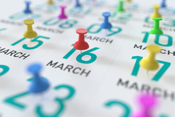 March 16 date and push pin on a calendar, 3D rendering