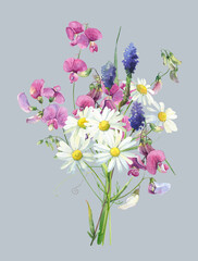 Watercolor bouquet of daisies, pink and blue flowers