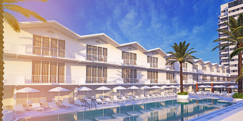 facade of resort townhouse with sun loungers