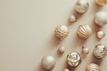 Golden Christmas balls decorations on beige background. Elegant Xmas banner design, New Year greeting card mockup