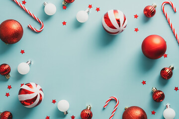 Vintage Christmas frame with red and white striped balls, candy canes, decorations on blue...