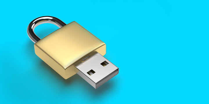 3D render cryptocurrency hardware storing lock. USB stick technology background with copy space. Cold wallet safety for crypto currency types in blockchain. Computer crime, hacker protection.  