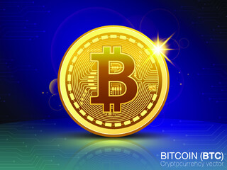 Fototapeta premium Crypto currency golden coin with black lackered bitcoin symbol on obverse isolated on blue background.