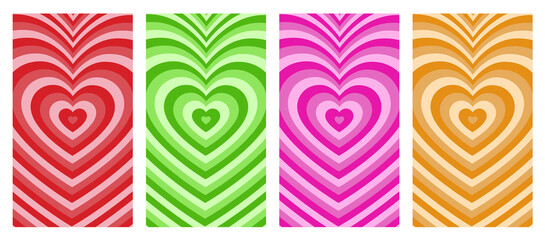 Hypnotic heart shaped tunnel color set. Rainbow retro wallpapper psychedelic 70's background,illustration EPS10.