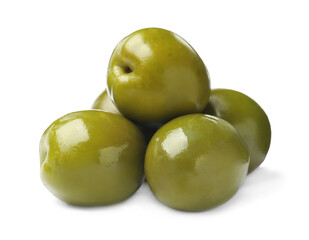 Many fresh green olives on white background