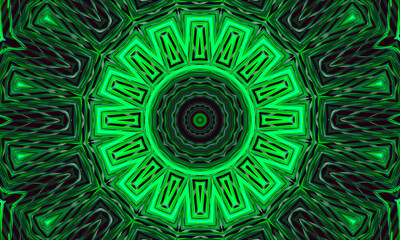 A dark background with a glowing green ornament in the shape of a stylized flower. Kaleidoscope pattern for design.