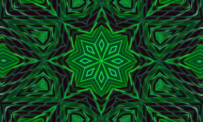 A dark background with a glowing green ornament in the shape of a stylized flower. Kaleidoscope pattern for design.