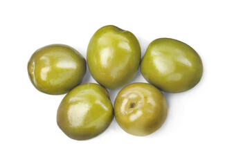 Many fresh green olives on white background, top view