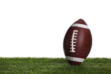 Leather American football ball on lawn against white background
