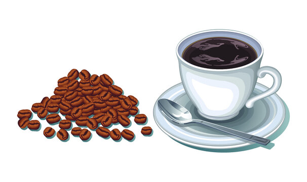 A cup of coffee and coffee beans realistic vector illustration.