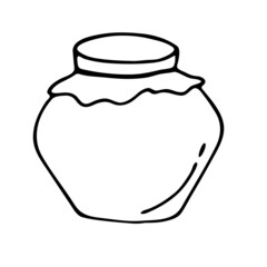 Honey in a glass jar, a hand-drawn contour icon with doodles. Glass jar with honey for the Internet, website, messages, menu, cafe, restaurant.