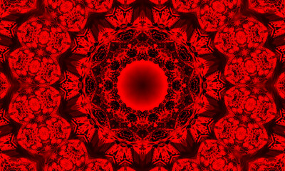 Kaleidoscope background. Abstract fractal shapes. Beautiful satanic kaleidoscope texture. Fantasy chaotic colorful fractal pattern. Unique kaleidoscope design. Inferno sign of the devil.