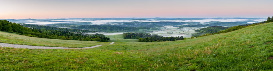 The view from the top of the mountain glider in Bezmiechowa Górna at sunrise to the Bieszczady...