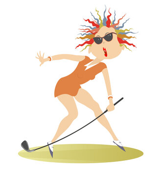 Cartoon golfer woman on the golf course illustration.
Funny golfer woman in sunglasses with a golf club tries to do a good kick isolated on white
