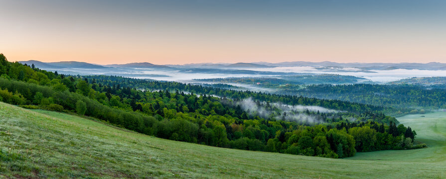 The view from the top of the mountain glider in Bezmiechowa G&oacute;rna at sunrise to the Bieszczady Mountains