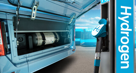 Hydrogen gas station and bus with an open hood and a hydrogen cylinder inside. Clean mobility...