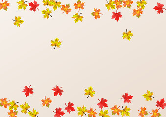 Fototapeta na wymiar Colorful Leaves Background Beige Vector. Floral Flying Texture. Orange Forest Leaf. Design Foliage Design.