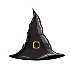 Fototapeta premium Cute pointed black witch hat with gold buckle isolated on a white background. Cartoon vector illustration for Halloween.
